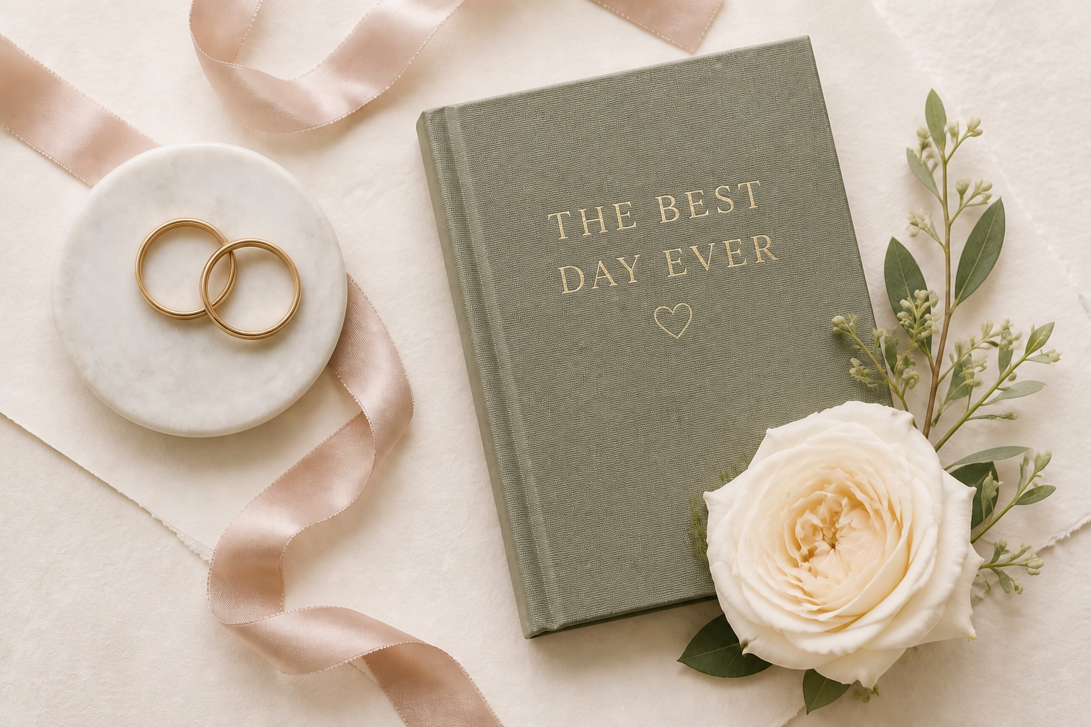Olive linen vow book embossed with The Best Day Ever, gold wedding rings, blush ribbon, and a cream rose