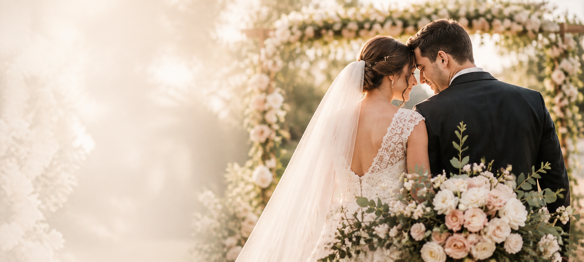 Bride and groom standing together beneath an ivory and blush floral wedding arch